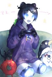 Rule 34 | 1girl, :d, abyssal ship, amputee, bad id, bad pixiv id, black bow, black hair, blue eyes, bow, colored skin, controller, couch, double amputee, double bun, enemy lifebuoy (kancolle), failure penguin, game controller, hair bun, hair ornament, hair scrunchie, hairclip, highres, hood, hoodie, indoors, kantai collection, legless amputee, light cruiser oni, long hair, long sleeves, low-tied long hair, no legs, open mouth, purple hoodie, scrunchie, sitting, smile, stuffed animal, stuffed penguin, stuffed toy, weasel (close-to-the-edge), white background, white skin