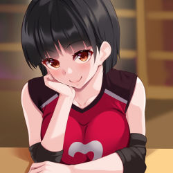 Rule 34 | 1girl, black hair, blurry, blurry background, blush, breasts, closed mouth, commentary, commentary request, huyumitsu, jersey, large breasts, looking at viewer, orange eyes, original, short hair, smile, solo, upper body