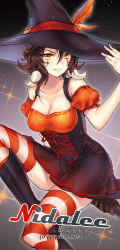 Rule 34 | 1girl, bewitching nidalee, breasts, brown hair, character name, cleavage, collarbone, dress, earrings, fang, hand to hat, hat, jewelry, joypyonn, large breasts, league of legends, looking at viewer, nidalee, short hair, smile, solo, striped clothes, striped thighhighs, thighhighs, watermark, web address, witch hat, yellow eyes