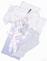 Rule 34 | 1girl, absurdres, animal ears, bed, bed sheet, bikini, bikini under clothes, blanket, blood, blood on clothes, blood on hands, blue eyes, cat ears, cat girl, cat tail, closed mouth, commentary, cross, eyepatch, flower, from above, gradient eyes, halterneck, highres, japanese clothes, kimono, kneehighs, knife in head, latin cross, long sleeves, looking at viewer, loose socks, lying, medical eyepatch, micro bikini, multicolored eyes, multicolored hair, nail polish, navel, nosebleed, object through head, on bed, on side, one eye covered, original, outo eguchi, petals, pill, pill bottle, pillow, pink eyes, purple nails, scar, scar on leg, see-through, see-through kimono, shoes, short hair, short kimono, short sleeves, signature, simple background, socks, solo, streaked hair, string bikini, swimsuit, symbol-only commentary, tail, uwabaki, white background, white flower, white footwear, white hair, white socks