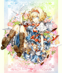 Rule 34 | 1girl, :d, alice margatroid, apron, bird, blonde hair, bloomers, blue dress, blue eyes, boots, bow, brown footwear, capelet, cross-laced footwear, dove, dress, floral background, flower, frills, full body, hair bow, hairband, hand up, knee boots, knees together feet apart, kozou (soumuden), lace-up boots, looking at viewer, open mouth, petticoat, pigeon, pink flower, pink rose, puppet rings, red flower, red rose, ring, rose, sash, shanghai doll, shoe soles, smile, touhou, underwear, upskirt, waist apron