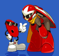 Rule 34 | 1boy, 7up, arm cannon, bad id, bad pixiv id, belt, bent over, blue background, bodysuit, capcom, cool spot, crossover, gloves, hand on own hip, helmet, look-alike, male focus, mega man (classic), mega man (series), open mouth, pointing, proto man, robot, scarf, shadow, shield, shoes, simple background, sunglasses, weapon, zakki
