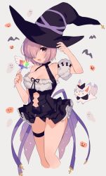 Rule 34 | 1girl, :d, adapted costume, alternate costume, animal, bare shoulders, bat (animal), black dress, black hat, black panties, black ribbon, blush, breasts, choker, cleavage, clothed animal, clothing cutout, cropped legs, cross, detached sleeves, dress, eyelashes, fate/grand order, fate (series), fou (fate), ghost, grey background, hair over one eye, halloween costume, hand on headwear, hand up, hat, hat ribbon, holding, holding wand, lace trim, looking at viewer, mash kyrielight, medium breasts, microdress, miyako (xxxbibit), navel, navel cutout, open mouth, panties, puffy sleeves, pumpkin, purple eyes, purple hair, purple ribbon, rainbow order, ribbon, saint quartz (fate), short hair, smile, sparkle, stellated octahedron, thigh strap, underwear, wand, witch hat