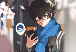 Rule 34 | 1boy, amamiya ren, black-framed eyewear, black coat, black eyes, black hair, blue hair, blue scarf, cellphone, cherry blossoms, closed eyes, coat, glasses, hair between eyes, highres, holding, holding phone, kitagawa yuusuke, male focus, nagisa99, opaque glasses, open mouth, parted lips, partially opaque glasses, persona, persona 5, petals, phone, scarf, smartphone, solo, upper body