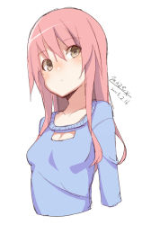 Rule 34 | 1girl, blue shirt, blush, breasts, brown eyes, cleavage, closed mouth, collarbone, dated, hair between eyes, head tilt, long hair, looking at viewer, maze (gochama ze gohan), original, pink hair, shirt, signature, simple background, sketch, small breasts, solo, white background