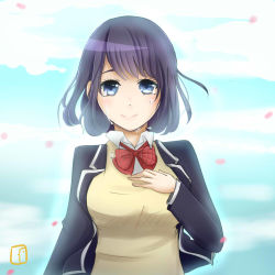 Rule 34 | 10s, 1girl, artist request, black hair, blue eyes, bow, bowtie, hand on own chest, koi to uso, looking at viewer, school uniform, sky, smile, solo, takasaki misaki (koi to uso), tears, upper body