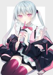 Rule 34 | 1girl, black jacket, black skirt, blush, bow, collared shirt, cup, disposable cup, drinking, drinking straw, frills, grey background, grey hair, hair between eyes, hair ornament, highres, holding, holding cup, jacket, long hair, long sleeves, looking at viewer, nail polish, off shoulder, open clothes, open jacket, original, pink bow, pink eyes, pink nails, shirt, sitting, skirt, sleeveless, sleeveless shirt, solo, thighhighs, twintails, two-tone background, white background, white shirt, yachishi orca