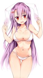 Rule 34 | 1girl, animal ears, bare arms, bikini, blush, breasts, carrot hair ornament, cleavage, collarbone, contrapposto, food-themed hair ornament, gluteal fold, hair between eyes, hair ornament, hairpin, halterneck, highres, large breasts, long hair, looking at viewer, looking down, maturiuta sorato, navel, open mouth, purple hair, rabbit ears, red eyes, reisen udongein inaba, solo, standing, stomach, swimsuit, teeth, thigh gap, touhou, very long hair, wavy mouth, white bikini