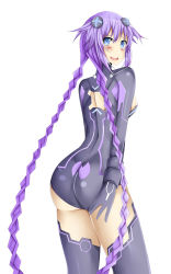 Rule 34 | 10s, 1girl, ass, blue eyes, blush, bodysuit, braid, breasts, embarrassed, from behind, gloves, hair ornament, highres, large breasts, long hair, looking at viewer, neptune (neptunia), neptune (series), olly (ollycrescent), open mouth, purple hair, purple heart (neptunia), shiny clothes, shiny skin, sideboob, simple background, smile, solo, thighhighs, twin braids, very long hair, white background