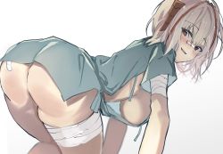 Rule 34 | 1girl, all fours, arknights, ass, bandaged arm, bandaged leg, bandages, bandaid, bandaid on ass, bandaid on face, bandaid on nose, blush, breasts, commentary, demon horns, fang, hair between eyes, hanging breasts, highres, horns, hospital gown, looking at viewer, medium breasts, multicolored hair, no panties, open mouth, red hair, short hair, sideboob, silver hair, simple background, smile, solo, streaked hair, w (arknights), white background, zellam