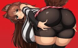 1girl animal_ear_fluff animal_ears ass bent_over bike_shorts bike_shorts_under_skirt black_thighhighs blue_eyes breasts brown_hair from_behind grabbing_own_ass huge_ass huge_breasts long_hair looking_back makino_momiji_(artist) off-shoulder_shirt off_shoulder original red_background shirt skirt solo spread_pussy spread_pussy_under_clothes standing striped_clothes striped_shirt tail thick_thighs thighhighs thighs upskirt