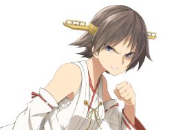 Rule 34 | 10s, 1girl, angry, bare shoulders, blue eyes, brown hair, clenched hand, clenched teeth, fighting stance, from side, glaring, hairband, hiei (kancolle), highres, kantai collection, nontraditional miko, short hair, simple background, solo, teeth, tsukamoto minori, upper body, white background