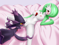 Rule 34 | 2girls, bed, blush, breasts, colored sclera, creatures (company), cunnilingus, game freak, gardevoir, gen 3 pokemon, gen 4 pokemon, ghost, green hair, hat, highres, large breasts, licking, lying, mismagius, multiple girls, nintendo, nipples, no humans, open mouth, oral, pokehiko (nexus009), pokemon, pokemon (creature), pussy, pussy juice, red eyes, saliva, short hair, spread legs, sweat, tongue, uncensored, witch, witch hat, yellow sclera, yuri