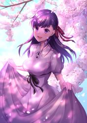 Rule 34 | 1girl, breasts, cherry blossoms, clothes lift, dress, dress lift, fate/stay night, fate (series), hair ribbon, heaven&#039;s feel, looking at viewer, matou sakura, medium breasts, official alternate costume, omochimochi, open mouth, petals, puffy short sleeves, puffy sleeves, purple eyes, purple hair, red ribbon, ribbon, short sleeves, smile, solo, white dress