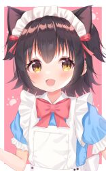 Rule 34 | 1girl, :d, akagi miria, animal ears, apron, black hair, blue dress, blush, border, bow, bowtie, cat ears, cat girl, collared dress, commentary request, dress, extra ears, flat chest, frilled apron, frilled sleeves, frills, hair between eyes, hair ribbon, highres, idolmaster, idolmaster cinderella girls, kemonomimi mode, looking at viewer, maid, maid apron, maid headdress, matchanear, open mouth, outside border, paw print, pink background, red bow, red bowtie, red ribbon, ribbon, short hair, smile, solo, two side up, upper body, white apron, white border, yellow eyes