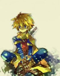 Rule 34 | 1boy, bad id, bad pixiv id, blonde hair, boots, camelot, golden sun, lowres, male focus, pomi, isaac (golden sun), scarf, short hair, solo, sword, weapon