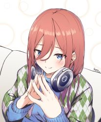 Rule 34 | 1girl, absurdres, blue eyes, blue sweater, blush, breasts, closed mouth, commentary request, fingernails, fingers together, go-toubun no hanayome, hair between eyes, headphones, headphones around neck, highres, ky (ky990533), long hair, long sleeves, looking at viewer, nakano miku, red hair, smile, solo, sweater, upper body