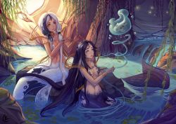 Rule 34 | 2girls, black hair, breasts, circlet, fins, fish, fish tail, hagoromo, hair over breasts, koi, lucky clover (luckyxclover), mermaid, monster girl, multicolored hair, multiple girls, navel, original, rock, shawl, silver hair, stomach, tail, two-tone hair, water