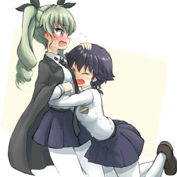 Rule 34 | 10s, 2girls, :d, :o, anchovy (girls und panzer), belt, black footwear, black hair, black necktie, black ribbon, black skirt, blush, braid, brown eyes, cape, closed eyes, commentary, couple, cowboy shot, days135, dress shirt, drill hair, embarrassed, emblem, female focus, flying sweatdrops, girls und panzer, green hair, hair ribbon, hand on another&#039;s head, happy, highres, hug, leg up, loafers, long hair, long sleeves, looking at another, miniskirt, multiple girls, necktie, open mouth, pantyhose, pepperoni (girls und panzer), pleated skirt, ribbon, school uniform, shirt, shoes, short hair, shy, side braid, simple background, sketch, skirt, smile, standing, twin drills, twintails, white background, white legwear, white shirt, yuri