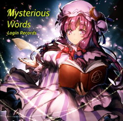 Rule 34 | 1girl, album cover, book, bow, breasts, capelet, cover, cowboy shot, crescent, crescent pin, dress, english text, expressionless, grimoire, hair ribbon, hat, hexagram, light particles, long hair, looking at viewer, mob cap, open book, pajamas, paper, patchouli knowledge, purple eyes, purple hair, redcomet, ribbon, solo, striped clothes, striped dress, touhou, tress ribbon