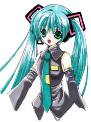 Rule 34 | 1girl, detached sleeves, green eyes, green hair, hatsune miku, long hair, lowres, matching hair/eyes, oumi neneha, solo, traditional media, twintails, vocaloid