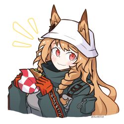 Rule 34 | 1girl, absurdres, animal ears, arknights, blush, brown hair, burger, ceobe (arknights), ceobe (unfettered) (arknights), closed mouth, coat, cropped torso, dog ears, dog girl, ears through headwear, food, gloves, grey coat, grey scarf, halftone, halftone texture, hands up, hat, highres, holding, holding burger, holding food, long hair, long sleeves, looking at viewer, mumei518, notice lines, official alternate costume, orange gloves, red eyes, scarf, simple background, smile, solo, strap, twitter username, upper body, white background, white hat
