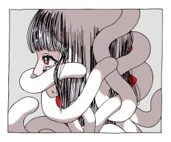 Rule 34 | 1girl, black hair, border, covered mouth, grey background, long hair, multicolored hair, original, pnikatro, portrait, profile, solo, spot color, tears, tentacles, white border, white hair