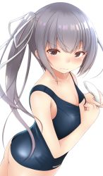Rule 34 | 10s, 1girl, ass, bad id, bad pixiv id, brown eyes, cowboy shot, doyachii, highres, kantai collection, kasumi (kancolle), long hair, looking at viewer, one-piece swimsuit, school swimsuit, shower head, side ponytail, silver hair, simple background, solo, swimsuit, white background