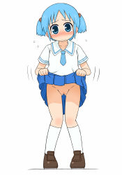 Rule 34 | blue eyes, blue hair, blush, cleft of venus, clothes lift, cube hair ornament, donoteat, hair ornament, lifted by self, naganohara mio, nichijou, no panties, pussy, school uniform, shoes, short hair, skirt, skirt lift, socks, tears, tokisadame school uniform, twintails, uncensored