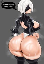 Rule 34 | 1girl, 2b (nier:automata), ass, blindfold, breasts, closed mouth, highres, huge ass, large breasts, looking back, nier:automata, nier (series), shiny skin, solo, sweatdrop, thighhighs, white hair, wide hips, za barro