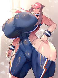 Rule 34 | 1girl, abs, absurdres, ass, blue eyes, breasts, cameltoe, curvy, gigantic breasts, hand on own hip, highres, hime cut, hip vent, huge ass, manon legrand, narrow waist, nipples through clothes, panty straps, pink hair, sidelocks, skin tight, solo, spandex, street fighter, street fighter 6, thick thighs, thighs, tokyokyoto, toned, toned female, wide hips, wristband