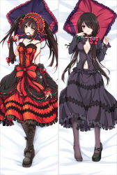 Rule 34 | 10s, 1girl, bakugadou, bare shoulders, bed sheet, black footwear, black hair, black shirt, black skirt, blush, boots, bow, breasts, buttons, closed mouth, collar, collarbone, corset, cross-laced footwear, dakimakura (medium), date a live, detached sleeves, dress, flower, frilled bow, frilled dress, frilled pillow, frilled shirt, frilled skirt, frilled sleeves, frills, full body, gothic lolita, hair bow, hair flower, hair ornament, hair over one eye, hair over shoulder, hairband, hand up, heterochromia, lace-up boots, lolita fashion, lolita hairband, long hair, long sleeves, looking at viewer, lying, medium breasts, mouth hold, multiple views, navel, no bra, no shoes, on back, one eye covered, pillow, platform boots, platform footwear, purple thighhighs, red bow, red eyes, red ribbon, ribbon, ribbon-trimmed sleeves, ribbon trim, shirt, shoes, single shoe, skirt, smile, thighhighs, tokisaki kurumi, twintails, unbuttoned, yellow eyes