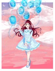 Rule 34 | 1girl, aqua footwear, artist name, artist request, balloon, blush, cloud, day, earrings, female focus, full body, hair ornament, hairclip, highres, holding, holding balloon, jewelry, kamome (kamo me08), long hair, long sleeves, looking at viewer, love live!, love live! sunshine!!, moon, orange sky, outdoors, parted lips, puffy long sleeves, puffy sleeves, red hair, sakurauchi riko, shirt, shoes, skirt, sky, smile, solo, white legwear, white shirt, white skirt