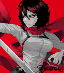 Rule 34 | 1girl, black hair, breasts, highres, holding, holding sword, holding weapon, large breasts, long sleeves, medium breasts, mikasa ackerman, orouu, red background, red eyes, resolution mismatch, self-upload, shingeki no kyojin, short hair, source smaller, sword, weapon
