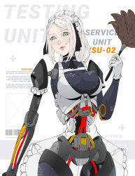 Rule 34 | 1girl, android, apron, barcode, blue eyes, bow, collar, duster, english text, feather duster, frilled collar, frilled gloves, frilled skirt, frills, gloves, hair bow, highres, joints, koyorin, lips, maid, maid apron, maid headdress, mechanical arms, mechanical legs, mechanical parts, multicolored eyes, original, parted bangs, red eyes, red pupils, robot joints, sign, single glove, skirt, warning sign, white background, white hair, wiring