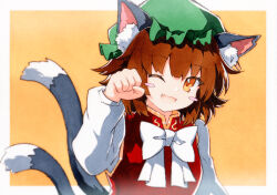 1girl ;d animal_ear_fluff animal_ear_piercing animal_ears border bow bowtie brown_eyes brown_hair cat_ears cat_tail chen dot_nose earrings fang frills gold_trim gradient_background hand_up happy hat highres jewelry long_sleeves looking_at_viewer medium_hair mob_cap multiple_tails nekomata one_eye_closed open_mouth orange_background outside_border paw_pose puffy_long_sleeves puffy_sleeves qqqrinkappp red_vest simple_background single_earring skin_fang smile solo tail touhou two_tails upper_body vest white_border white_bow white_bowtie