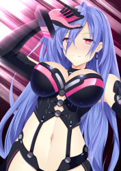Rule 34 | 1girl, absurdres, arm on own head, arm up, blue hair, blush, breasts, dominatrix, earrings, elbow gloves, gloves, hair between eyes, hatsune haruka, highres, iris heart, jewelry, kami jigen game neptune v, large breasts, long hair, navel, neptune (series), pink eyes, power symbol, power symbol-shaped pupils, solo, stomach, symbol-shaped pupils, upper body