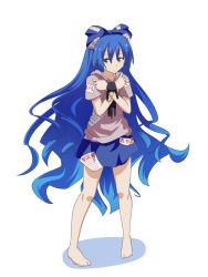 Rule 34 | 1girl, barefoot, black cat, blue bow, blue hair, bow, cat, cato (monocatienus), debt, hair bow, jewelry, long hair, simple background, skirt, solo, touhou, very long hair, white background, yorigami shion