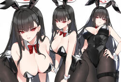 Rule 34 | 1girl, animal ears, bare shoulders, black hair, black hairband, black halo, black leotard, blue archive, bow, bowtie, breasts, cleavage, detached collar, fake animal ears, hair ornament, hairband, hairclip, halo, hand on own hip, highres, holster, large breasts, leaning forward, leotard, looking at viewer, multiple views, pantyhose, parted lips, playboy bunny, rabbit ears, rabbit tail, red bow, red bowtie, red eyes, rio (blue archive), shigure s, simple background, tail, thigh holster, white background, wrist cuffs