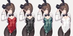 Rule 34 | 10s, 1girl, animal ears, arm behind back, black leotard, black pantyhose, bow, bowtie, breasts, brown eyes, brown hair, cowboy shot, cropped jacket, dated, detached collar, fake animal ears, gluteal fold, green leotard, hairband, hand on headwear, head tilt, highres, kantai collection, leotard, looking at viewer, multiple views, pantyhose, parted lips, playboy bunny, rabbit ears, red leotard, rokuwata tomoe, short hair, simple background, small breasts, taihou (kancolle), white background