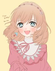 Rule 34 | 1girl, :d, blush, character name, commentary, crossed bangs, dress, earrings, flower earrings, flower hairband, frilled dress, frills, grey eyes, happy birthday, highres, hinoshita kaho, jewelry, light brown hair, link! like! love live!, long sleeves, looking at viewer, love live!, medium hair, natsu (natsukikenken), open mouth, pink dress, reflection in the mirror (love live!), smile, solo, two side up, upper body, virtual youtuber, yellow background
