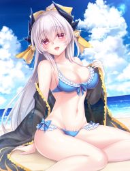 Rule 34 | 1girl, arm support, bare shoulders, beach, bikini, blue bikini, blue sky, blush, bow, bow bikini, breasts, cleavage, collarbone, commentary request, day, dragon horns, dutch angle, fate/grand order, fate (series), frilled bikini, frills, front-tie bikini top, front-tie top, groin, hair between eyes, hair bow, hair ornament, hand up, head tilt, horizon, horns, kiyohime (fate), kiyohime (swimsuit lancer) (third ascension) (fate), large breasts, lens flare, light purple hair, long hair, looking at viewer, navel, ocean, open mouth, outdoors, red eyes, sand, sanom, see-through, shawl, shiny skin, silver hair, sitting, sky, smile, solo, sparkle, stomach, swimsuit, very long hair, water, white bow, yellow bow, yokozuwari