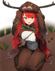 Rule 34 | 1girl, animal costume, antlers, azur lane, bad id, bad pixiv id, blush, box, breasts, commentary request, embarrassed, fake antlers, full body, gift, gift box, hands up, highres, honolulu (azur lane), honolulu (manjuu mischief) (azur lane), hood, hood up, horns, large breasts, long hair, looking at viewer, nose blush, open mouth, red eyes, red hair, reindeer antlers, reindeer costume, sitting, solo, suminagashi, tears, twintails, very long hair, wariza