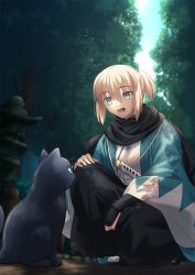 Rule 34 | 1girl, alternate hairstyle, animal, black cat, black scarf, black skirt, blonde hair, cat, commentary request, fate/grand order, fate (series), green eyes, hair between eyes, haori, japanese clothes, katana, kimono, koha-ace, long skirt, looking at another, official alternate hairstyle, okita souji (fate), okita souji (koha-ace), on one knee, open clothes, open mouth, outdoors, plant, ponytail, resolution mismatch, scarf, shinsengumi, shoori (migiha), short hair, sidelocks, skirt, smile, source larger, sword, tongue, tree, weapon, white kimono, wide sleeves