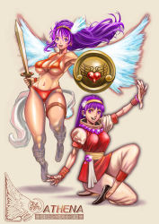 Rule 34 | 2girls, angel wings, asamiya athena, athena (series), bead necklace, beads, bikini, bracelet, breasts, crossover, dual persona, earrings, flats, full body, hairband, hayakawa sonchou, highres, jewelry, large breasts, long hair, medium breasts, multiple girls, navel, necklace, open mouth, pants, princess athena, puffy short sleeves, puffy sleeves, purple eyes, purple hair, red bikini, shield, short sleeves, smile, snk, swimsuit, sword, the king of fighters, the king of fighters &#039;95, underboob, weapon, wings