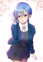 Rule 34 | 1girl, blouse, blue hair, blue jacket, blush, breasts, brown eyes, commentary request, dress, earrings, grey dress, hair between eyes, highres, jacket, jewelry, large breasts, love live!, love live! superstar!!, neck ribbon, novady, open clothes, open jacket, open mouth, red ribbon, ribbon, school uniform, shirt, short hair, solo, wakana shiki, white shirt, yuigaoka school uniform