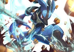 Rule 34 | blurry, bone, closed mouth, commentary request, creatures (company), electricity, from below, game freak, gen 4 pokemon, highres, holding, holding bone, legs apart, lucario, nintendo, pokemon, pokemon (creature), red eyes, ririri (user rkrv7838), rock, solo, spikes, squatting, toes, white background, yellow fur