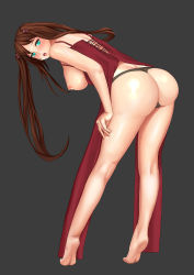 Rule 34 | 1girl, aqua eyes, ass, bare shoulders, barefoot, bent over, blue eyes, blush, breasts, breasts out, brown hair, dress, fate/stay night, fate (series), feet, full body, grey background, hair bobbles, hair ornament, large breasts, leaning, leaning forward, leg hold, legs, long hair, looking at viewer, nipples, open mouth, orchid candy, shiny skin, simple background, solo, thong, tohsaka rin, twintails