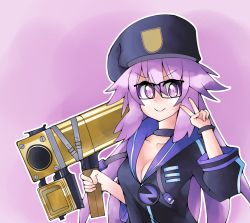 Rule 34 | 1girl, adult neptune, blush, bow, breasts, choker, cleavage, collar, collarbone, d-pad, female focus, hair bow, hair ornament, hat, holding, holding weapon, hood, hooded track jacket, hoodie, jacket, long hair, long sleeves, looking at viewer, mahruru, medium breasts, neptune (series), no bra, open clothes, open mouth, pink hair, purple eyes, shin jigen game neptune vii, simple background, smile, solo, star (symbol), team fortress 2, thigh strap, track jacket, upper body, usb, weapon