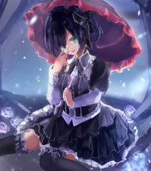 Rule 34 | 10s, 1girl, :d, black ribbon, black skirt, black thighhighs, blue hair, chuunibyou demo koi ga shitai!, eyepatch, flower, frilled umbrella, frills, gothic lolita, green eyes, hair between eyes, hair ornament, holding, holding umbrella, jukai (211345221), layered skirt, layered sleeves, lolita fashion, long sleeves, looking at viewer, medium skirt, neck ribbon, open mouth, pleated skirt, ribbon, rose, short hair, short over long sleeves, short sleeves, sitting, skirt, smile, solo, takanashi rikka, thighhighs, umbrella, v